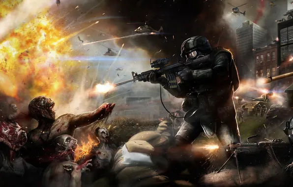 Картинка взрыв, оружие, солдат, вертолет, танк, зомби. битва