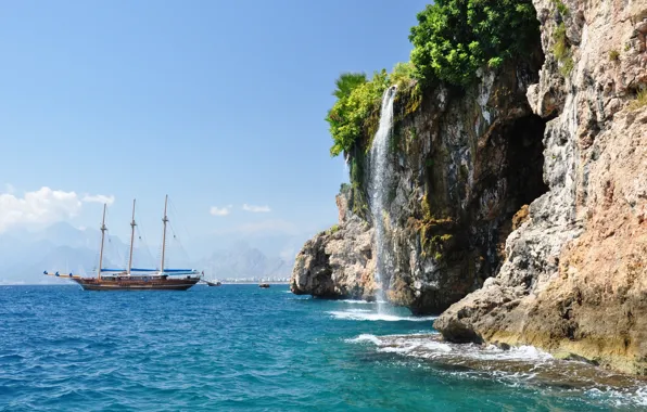 Море, корабль, водопад, Турция, Анталья