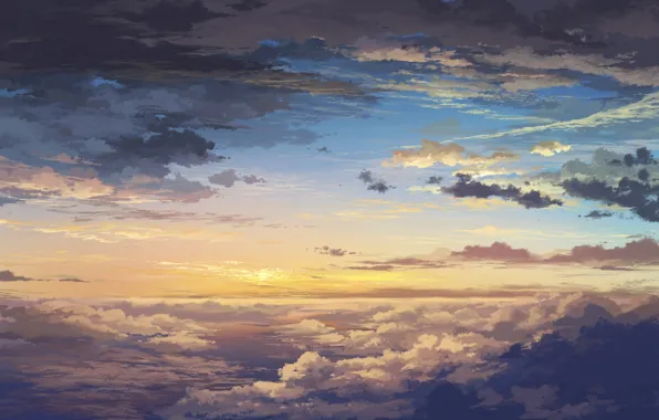 Небо, облака, пейзаж, закат, тучи, рассвет, высота, арт