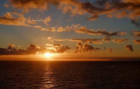 Картинка море, солнце, горизонт, облака. закат