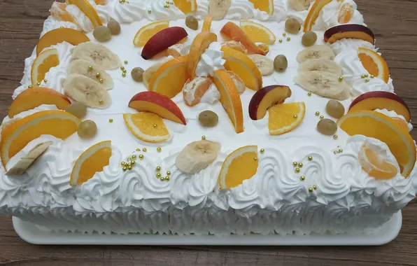 Cake, orange, banana, whipped cream