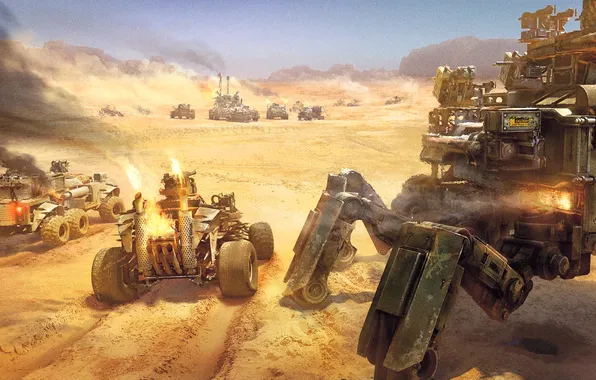 Картинка машина, пустыня, дым, противостояние, техника, Crossout