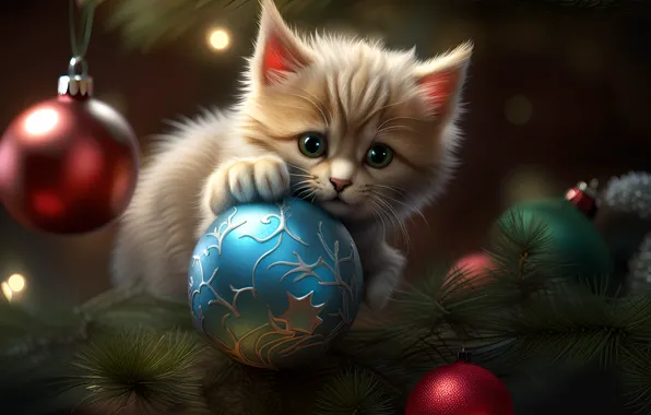 Кошка, взгляд, шарики, ветки, поза, котенок, голубой, узор