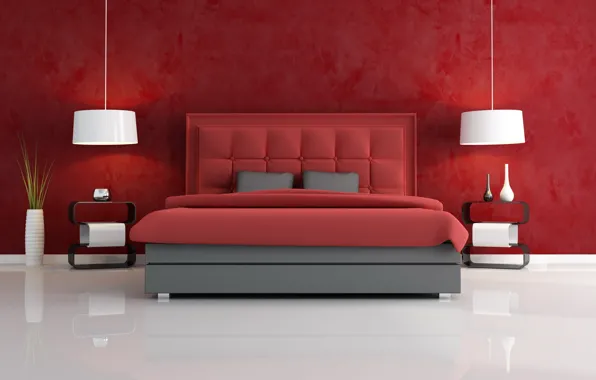 Картинка белый, красный, стиль, комната, кровать, вазы