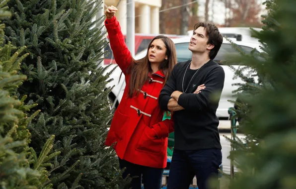 Взгляд, девушка, елки, пара, мужчина, влюбленные, Nina Dobrev, пальто