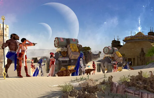 Sky, desert, stars, planet, caravan, the galactic nomads