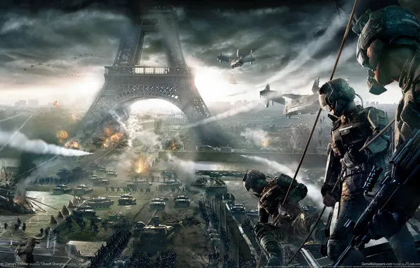 Картинка война, эйфелева башня, париж, вертолеты, солдаты, game, танки, tom clancy's