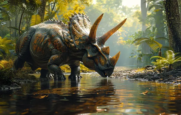 Вода, Горы, Деревья, Динозавр, Рога, Речка, Triceratops, Животное