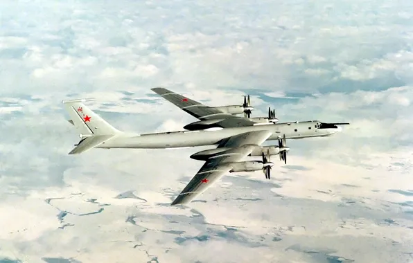Картинка небо, самолет, арт, стратегический, советский, турбовинтовой, межконтинентальный, Ту-95