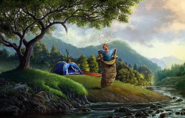 Картинка лес, деревья, река, арт, палатка, парень, спальный мешок, улей