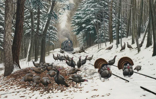 Картинка зима, лес, снег, пейзаж, птицы, рисунок, рельсы, поезд