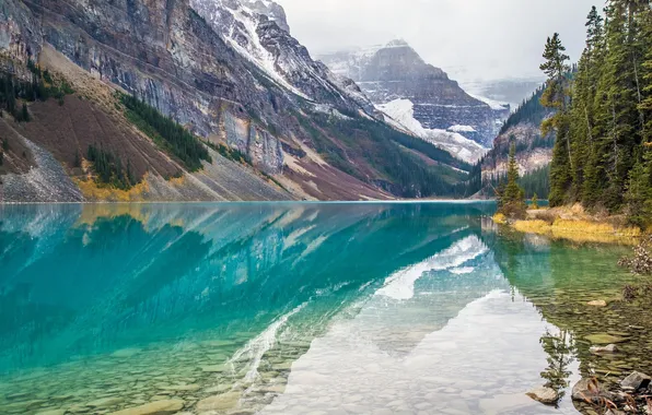 Зима, лес, снег, горы, озеро