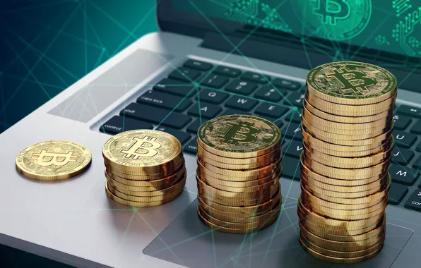 Ноутбук, монеты, notebook, bitcoin, стопки, биткоин, btc