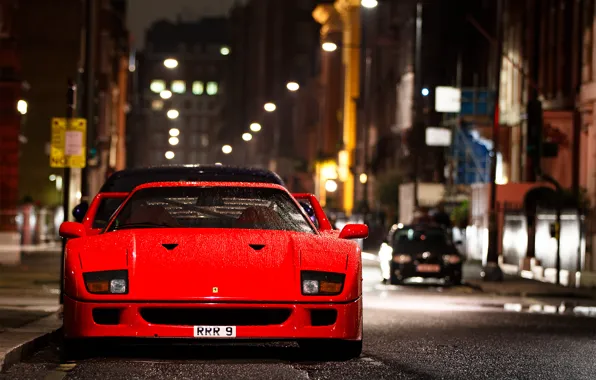 Капли, ночь, город, улица, мокрая, Ferrari, F 40