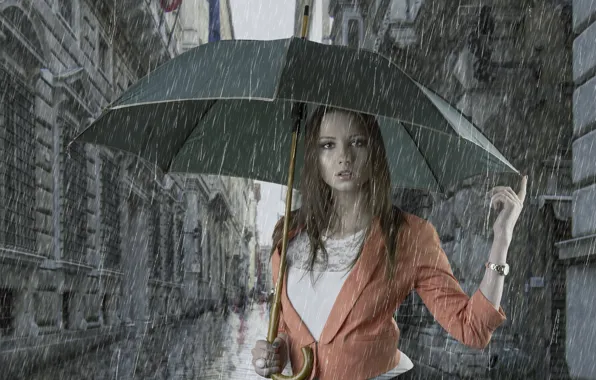 Girl, rain, umbrella, street