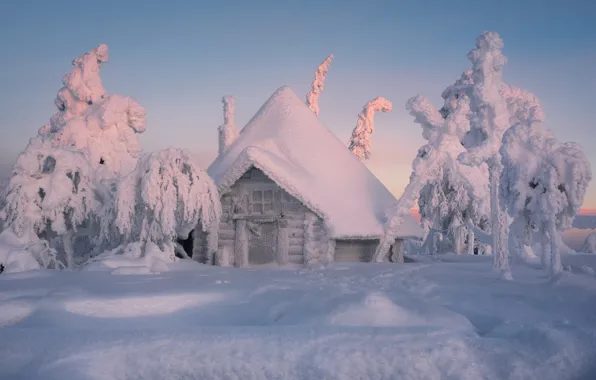Картинка зима, снег, деревья, избушка, сугробы, домик, Финляндия, Лапландия