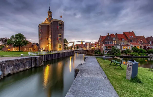 Небо, скамейка, природа, дома, канал, крепость, Нидерланды, Enkhuizen
