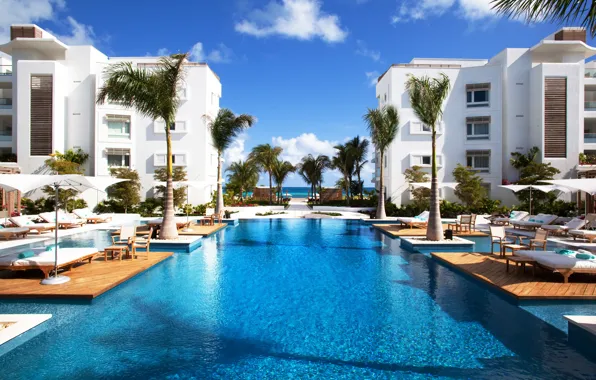 Картинка пальмы, океан, бассейн, отель