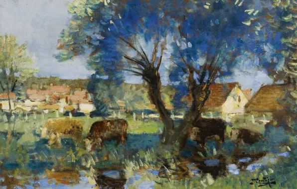 Пейзаж, картина, Пьер Эжен Монтезин, Pierre-Eugene Montezin, Коровы у Воды