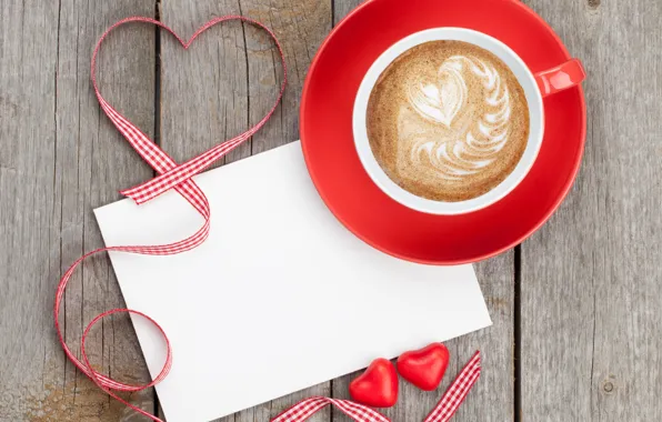 Ленты, кофе, red, love, romantic, hearts, valentine`s day