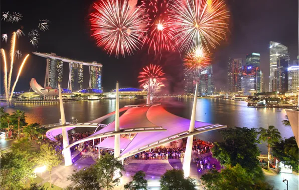 Ночь, салют, Сингапур, отель, мегаполис, Singapore, Fireworks, Marina Bay Sands