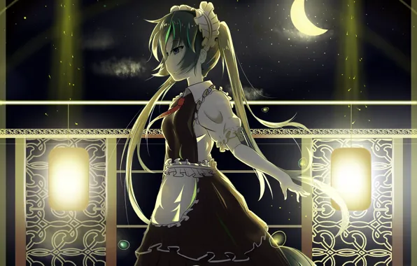 Ночь, месяц, Hatsune Miku, Vocaloid, Вокалоид, горничная, Хатсуне Мику