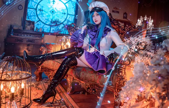 Ноты, комната, азиатка, голубые волосы, красивая девушка, косплей, cosplay, room