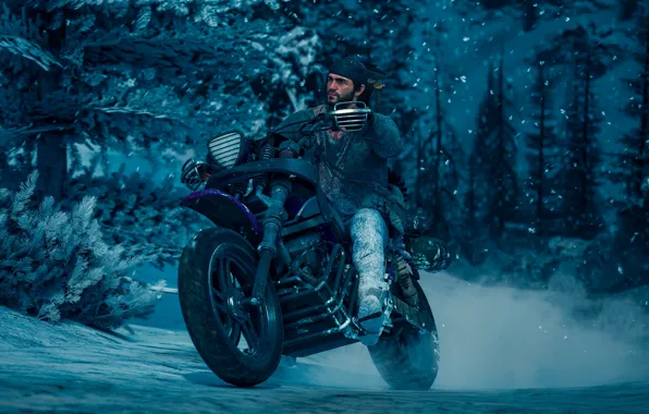 Усы, снег, мотоцикл, борода, парень, ёлки, Days Gone