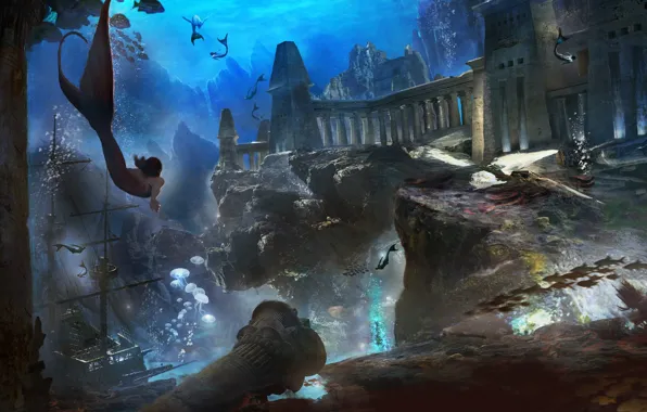 Рыбы, корабль, русалка, руины, mermaid