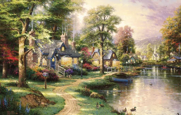 Картинка пейзаж, озеро, лодка, утки, картина, домики, живопись, мостик