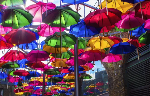 Картинка город, зонтик, улица, краски, дома, зонт