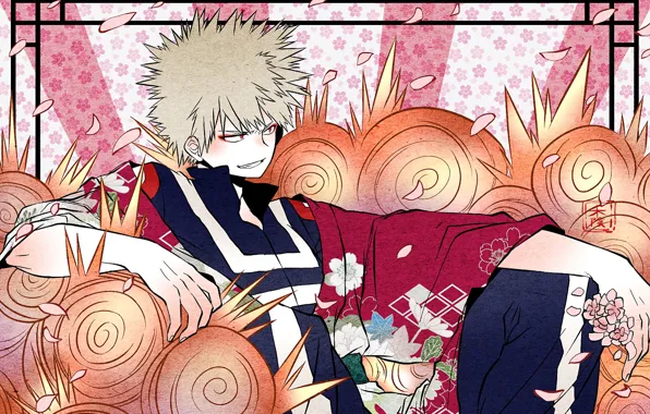 Аниме, лепестки, арт, Boku no Hero Academia, Моя геройская академия, Бакугоу, Катсуки Бакуго, огненные диски