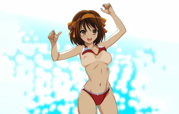 Girl, sexy, erect nipples, brown eyes, nipples, boobs, anime, brown