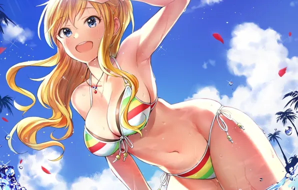 Happy, sky, boobs, breast, anime, cloud, wave, tits