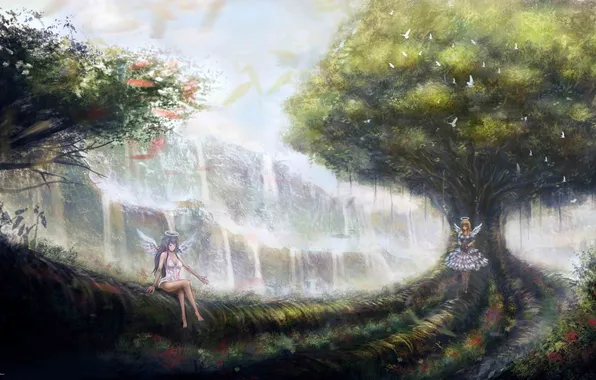Картинка лес, цветы, водопад, крылья, аниме, ангелы, арт, птички