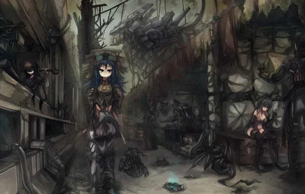 Картинка девушки, дракон, аниме, арт, очки, старец, mamuru, гаечный ключ