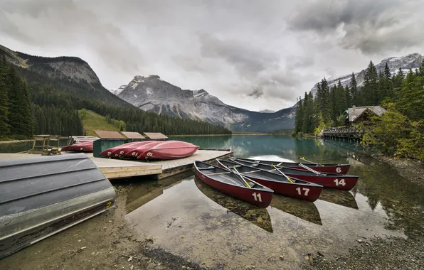 Лес, горы, природа, озеро, пристань, лодки, Канада, каное