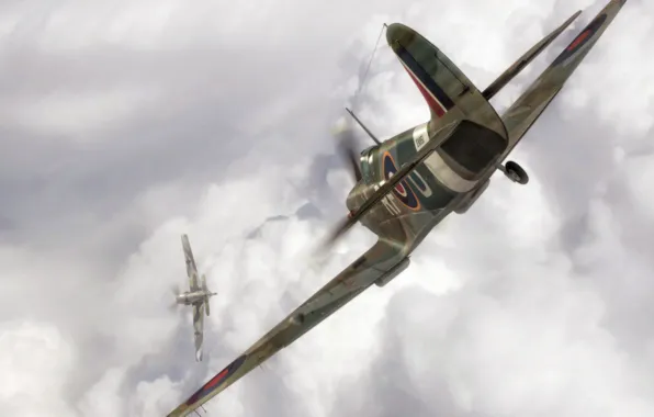 Картинка artwork, aviation, ww2, painting, spitfire, airplane, dogfight, bf 109