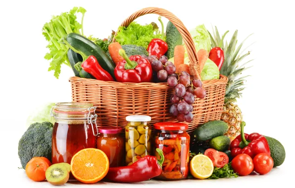 Лимон, корзина, апельсин, киви, виноград, белый фон, перец, банки