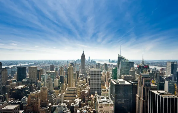 Небо, Нью-Йорк, небоскребы, панорама, США, Манхэттен