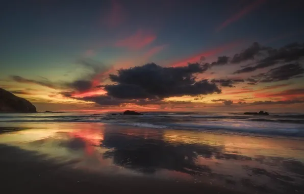 Картинка пляж, небо, тучи, океан, рассвет, Новая Зеландия, Waikato