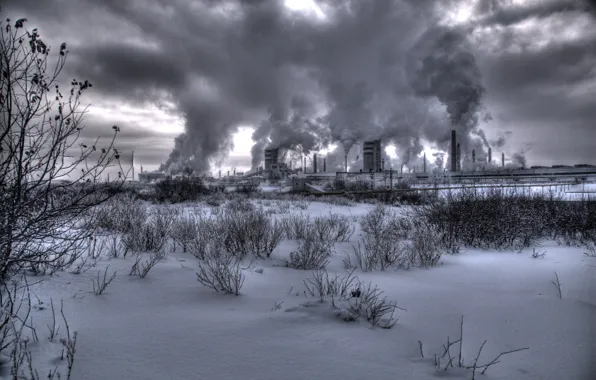 Картинка зима, завод, дым, smoke, winter, factory, nuclear, атомная станция