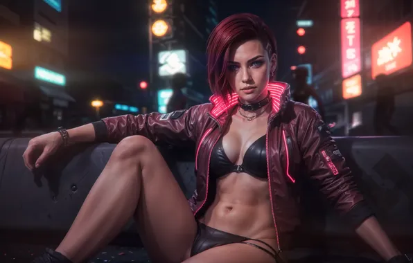 Картинка panties, science fiction, blue eyes, women, redhead, Cyberpunk 2077, looking at viewer, choker