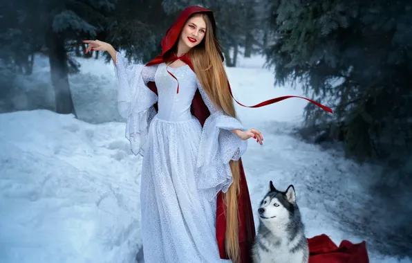 Зима, лес, девушка, снег, поза, улыбка, танец, собака