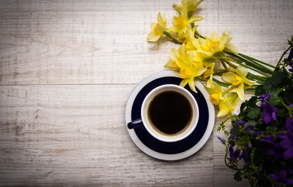 Цветы, кофе, напиток, flowers, нарциссы, coffee