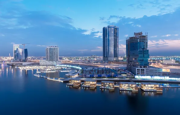 Город, вечер, причал, Дубаи, Dubai, набережная, ОАЭ, Marasi Business Bay