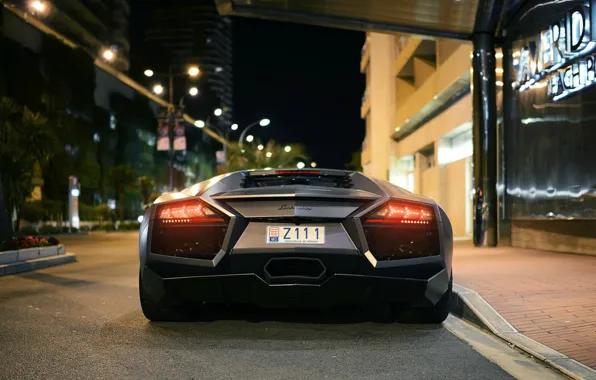 Картинка Lamborghini, Reventon, Серый, Ночной город, Вид сзади, SuperCar