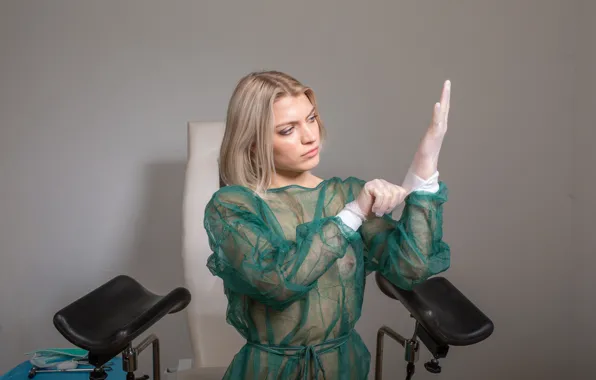 Pretty face, fetish, latex gloves, blonde beauty, medical examiner, looking away, Lesya, shoulder length hair