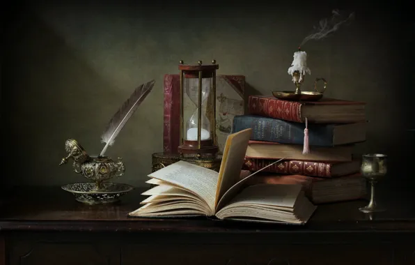 Картинка бокал, свечи, перья, книга, натюрморт, песочные часы