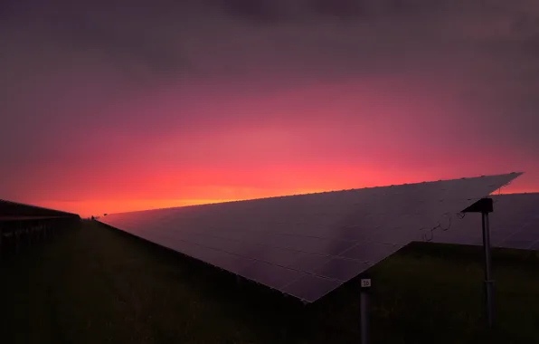 Field, sunset, clouds, solar panels